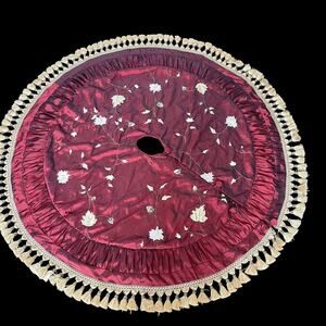 Stratford Home Christmas Tree Skirt Satin Burgundy Gold Embroidered Tassels READ